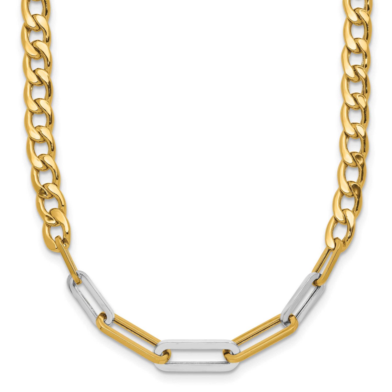White Rh Polished Curb and Paperclip Link Necklace 14k Gold LF2183-17.75