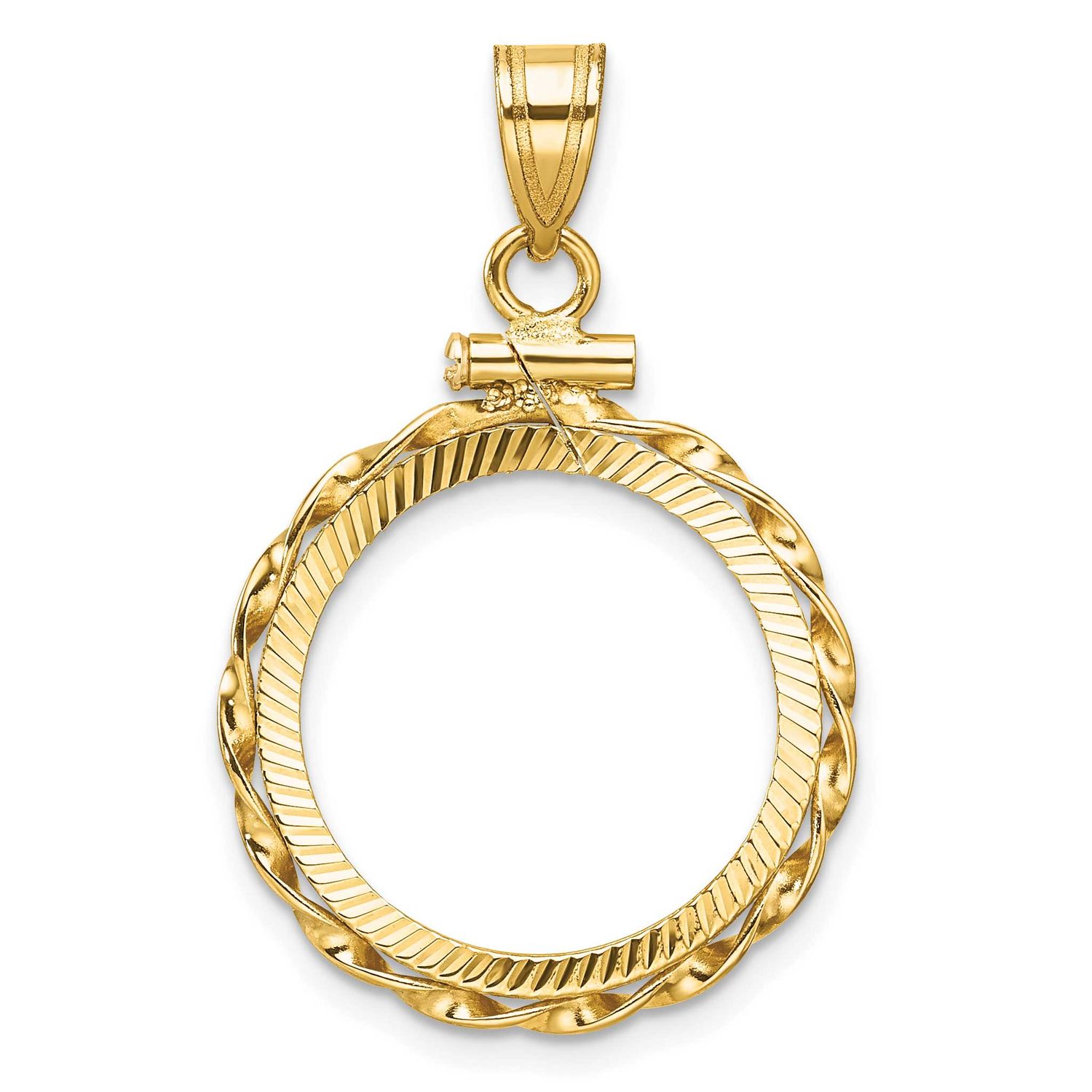 Hand Twisted Ribbon and Diamond-Cut 17.8mm x 1.35mm Screw Top Coin Bezel Pendant 14k Gold Polished …