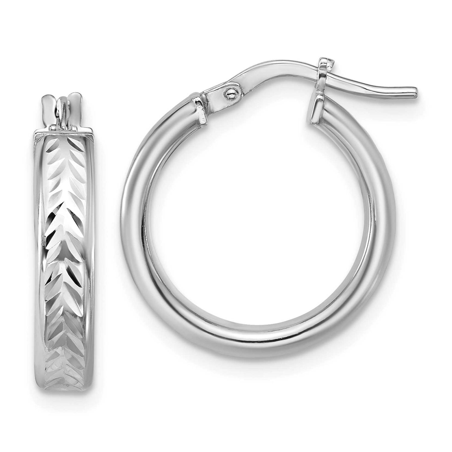 Polish/Diamond-Cut Round Hoop Earrings Sterling Silver Rhodium-plated QLE1557