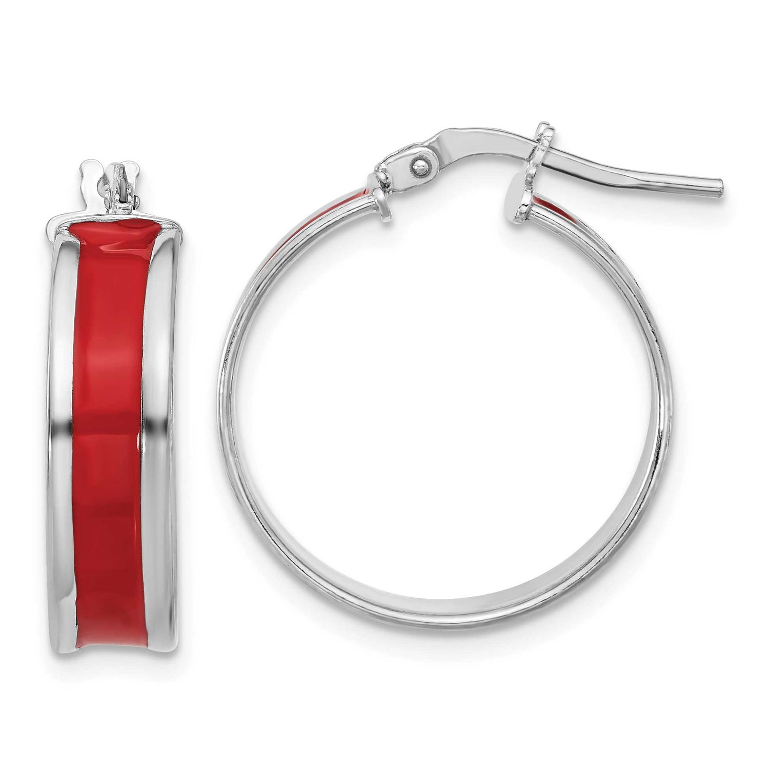 Polished Red Enamel Round Hoop Earrings Sterling Silver Rhodium-plated QLE1457 196904348345