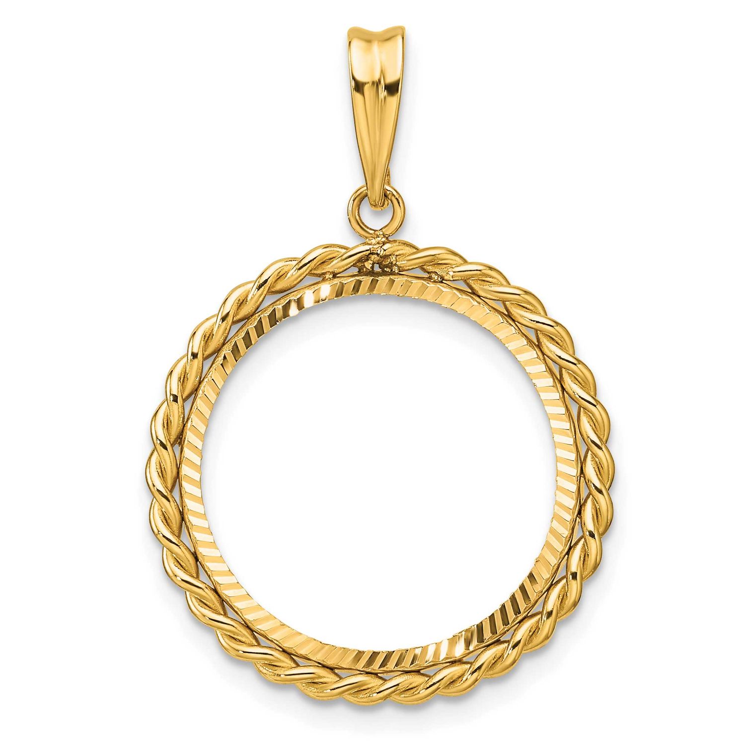 Diamond-Cut with Twisted Wire 18.0mm Prong Coin Bezel Pendant 14k Gold C1802D/18.0
