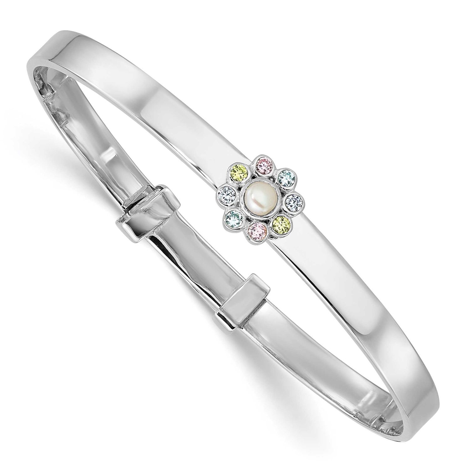 CZ &amp; Fwc Pearl Children&#39;s Adjustable Bangle Sterling Silver Rhodium-plated QB1639
