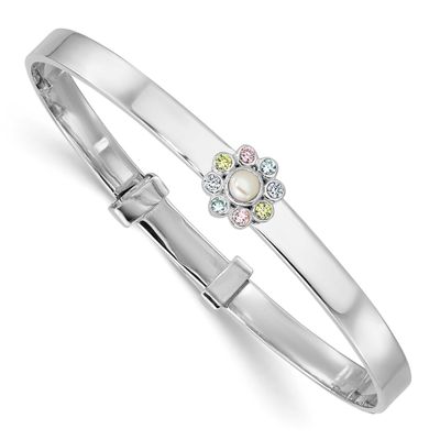CZ &amp; Fwc Pearl Children&#39;s Adjustable Bangle Sterling Silver Rhodium-plated QB1639