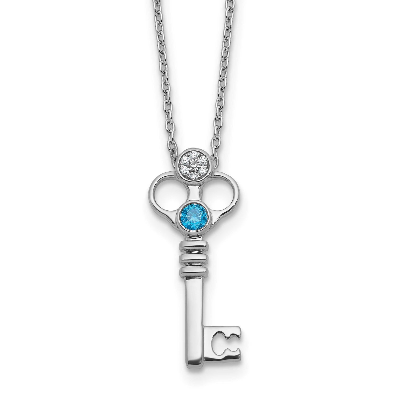 White Ice Key with Blue Topaz and Diamond 18 Inch Necklace with 2 Inch Extenderender Sterling Silve…