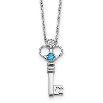 White Ice Key with Blue Topaz and Diamond 18 Inch Necklace with 2 Inch Extenderender Sterling Silve…
