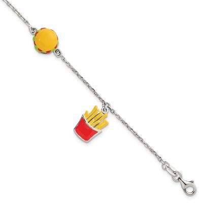 Enameled Burger and Fries with 1 Inch Extender Children&#39;s Bracelet Sterling Silver QG7257-6