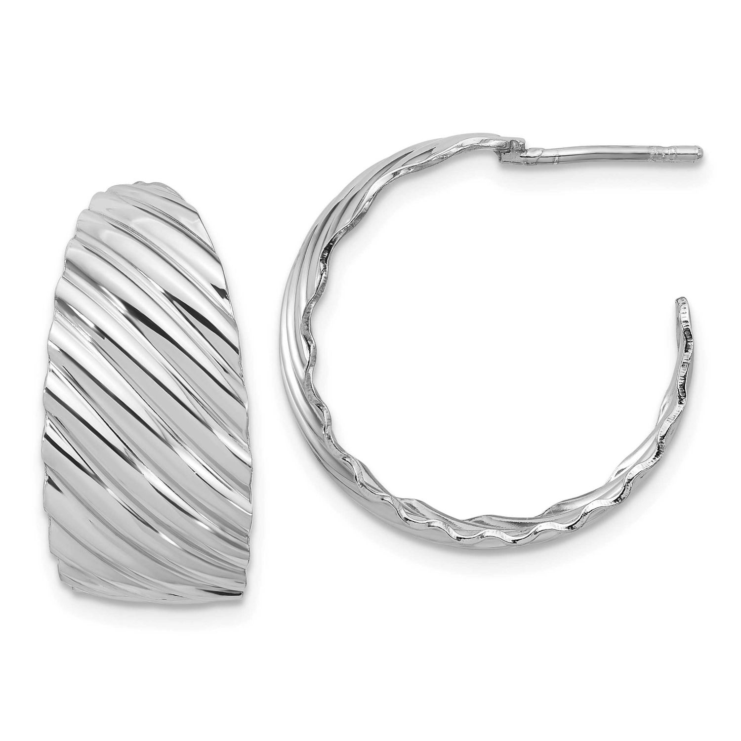 Polished Grooved Left/Right J-Hoop Earrings Sterling Silver Rhodium-plated QLE1485 196904347614