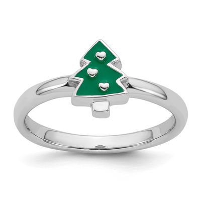 Children&#39;s Size 3 Green Enamel Christmas Tree with Hearts Ring Sterling Silver Rhodium-plated QR765…