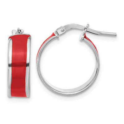 Polished Red Enamel Round Hoop Earrings Sterling Silver Rhodium-plated QLE1455
