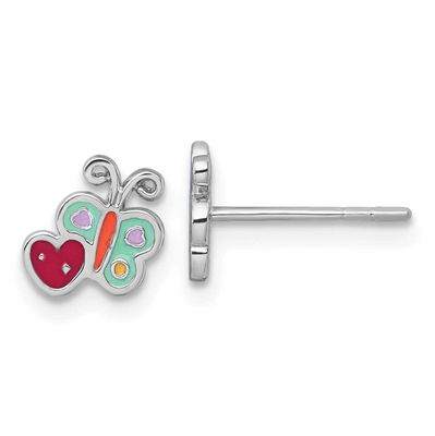 Enamel Butterfly and Heart Children&#39;s Post Earrings Sterling Silver Rhodium-plated QE18263