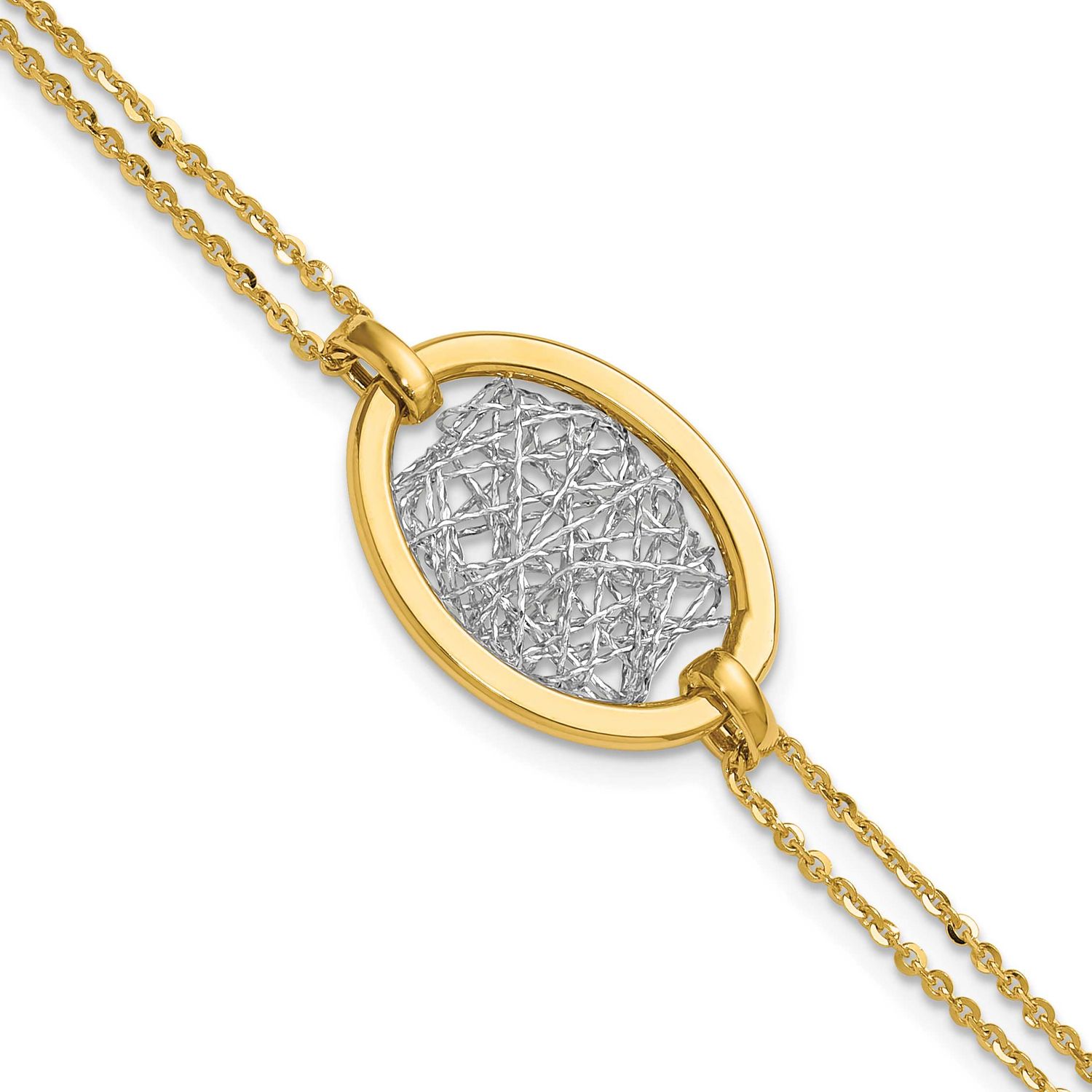 White Rhodium Polished Diamond-Cut Fancy Oval 2-Strand Bracelet 14k Gold LF2184-7.5