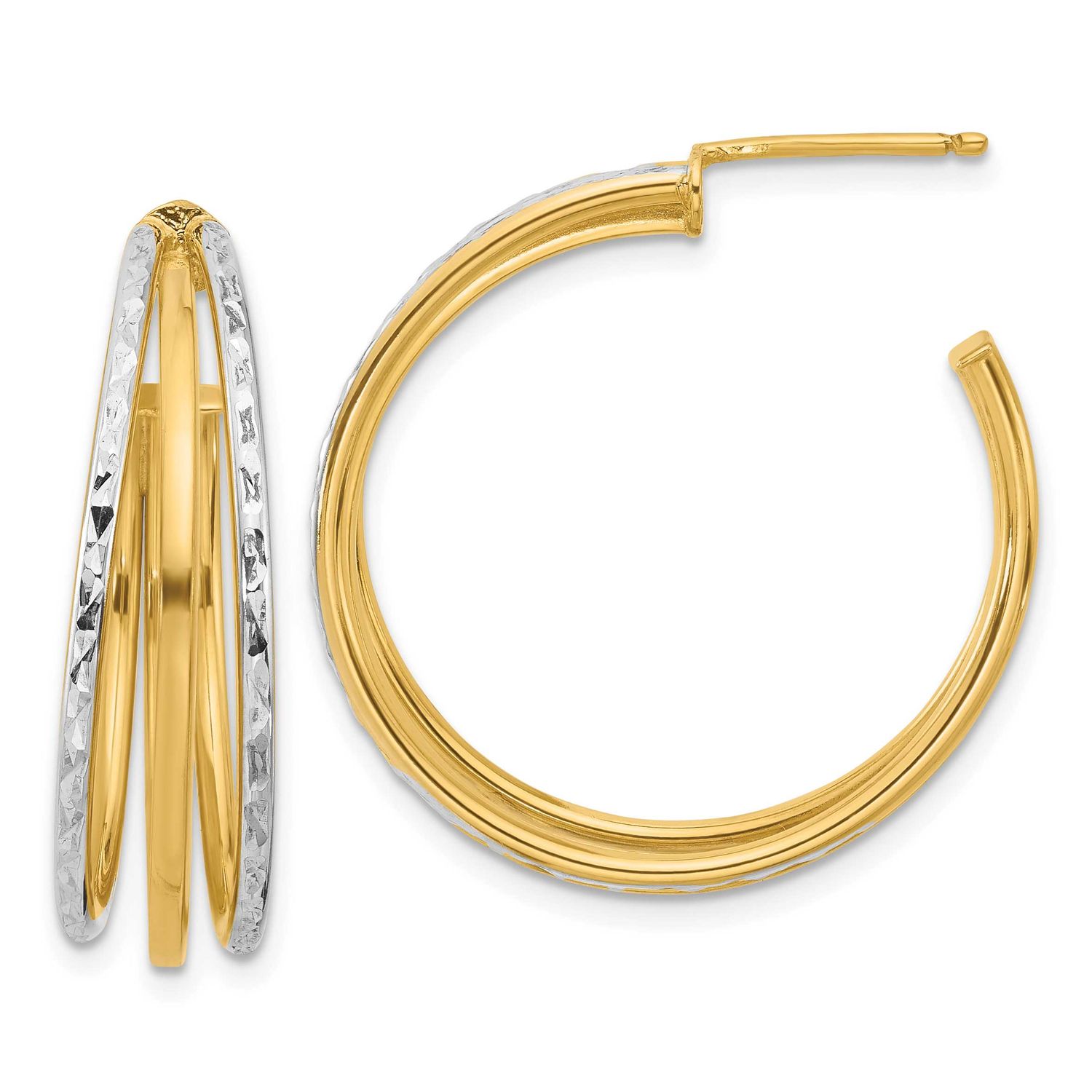 White Rhodium and Diamond-Cut 3-Row Round J-Hoop Post Earrings 14k Gold LE2611 196904335727