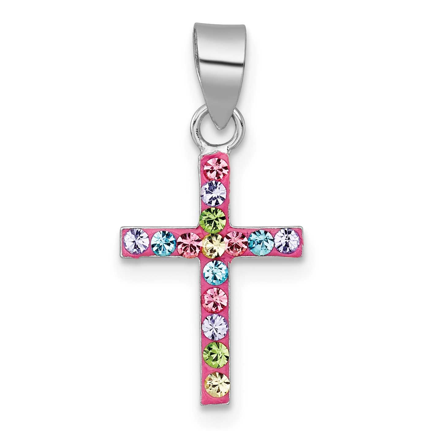Pink Multi Color Crystal Children&#39;s Cross Pendant Sterling Silver Rhodium-plated QP5990