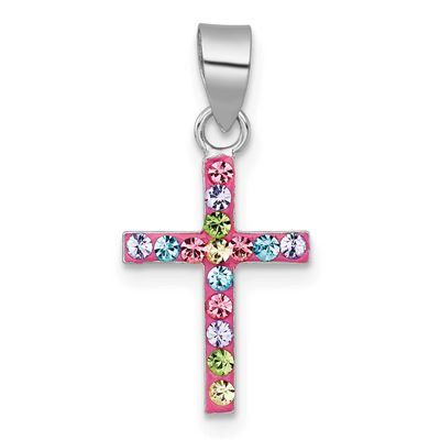 Pink Multi Color Crystal Children&#39;s Cross Pendant Sterling Silver Rhodium-plated QP5990