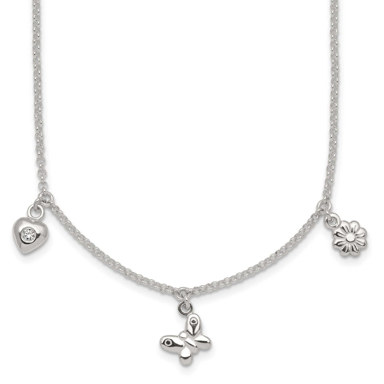 CZ Flower Butterfly and Heart with 1 Inch Extender Children&#39;s Necklace Sterling Silver Polished QG7…