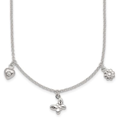 CZ Flower Butterfly and Heart with 1 Inch Extender Children&#39;s Necklace Sterling Silver Polished QG7…