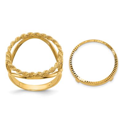 Ladies Polished and Diamond-Cut Heart Sides with Rope Edge 18.0mm Coin Bezel Ring 14k Gold R1181D/1…