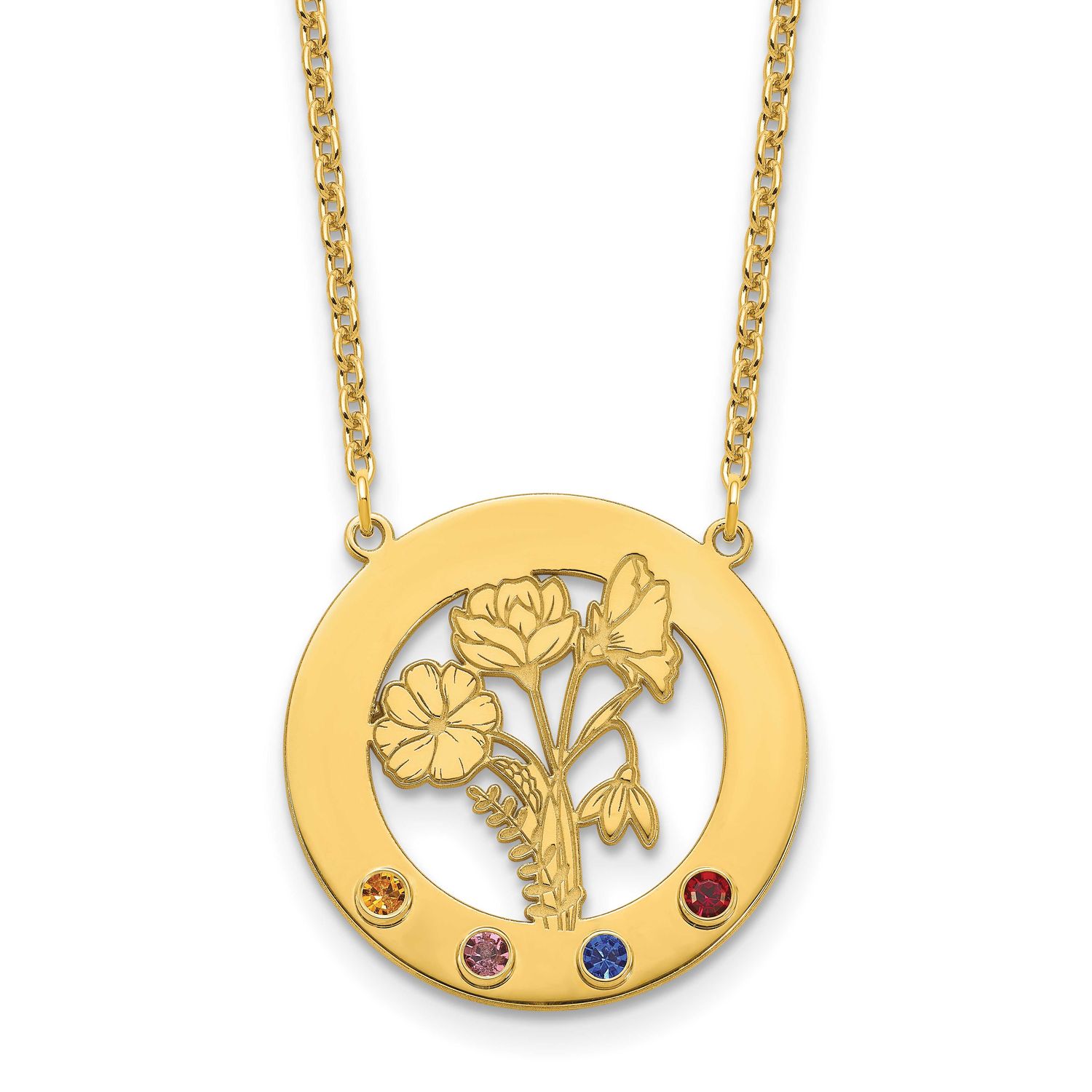 Gold-Plated Circle with 4 Birth Flower and Birthstone Necklace Sterling Silver XNA1487/4GP