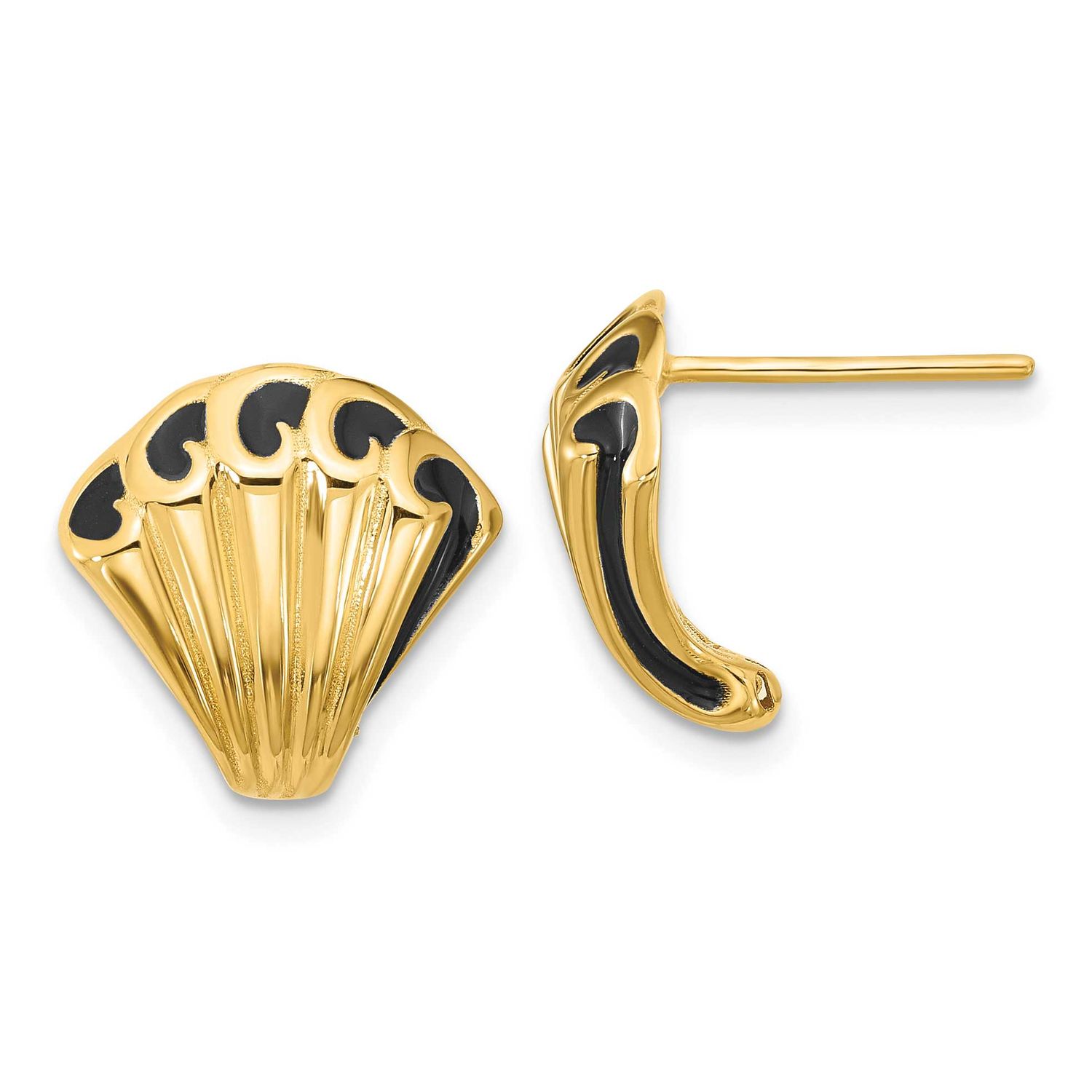 Black Enamel Polished Fancy Post Earrings 14k Gold LE2805