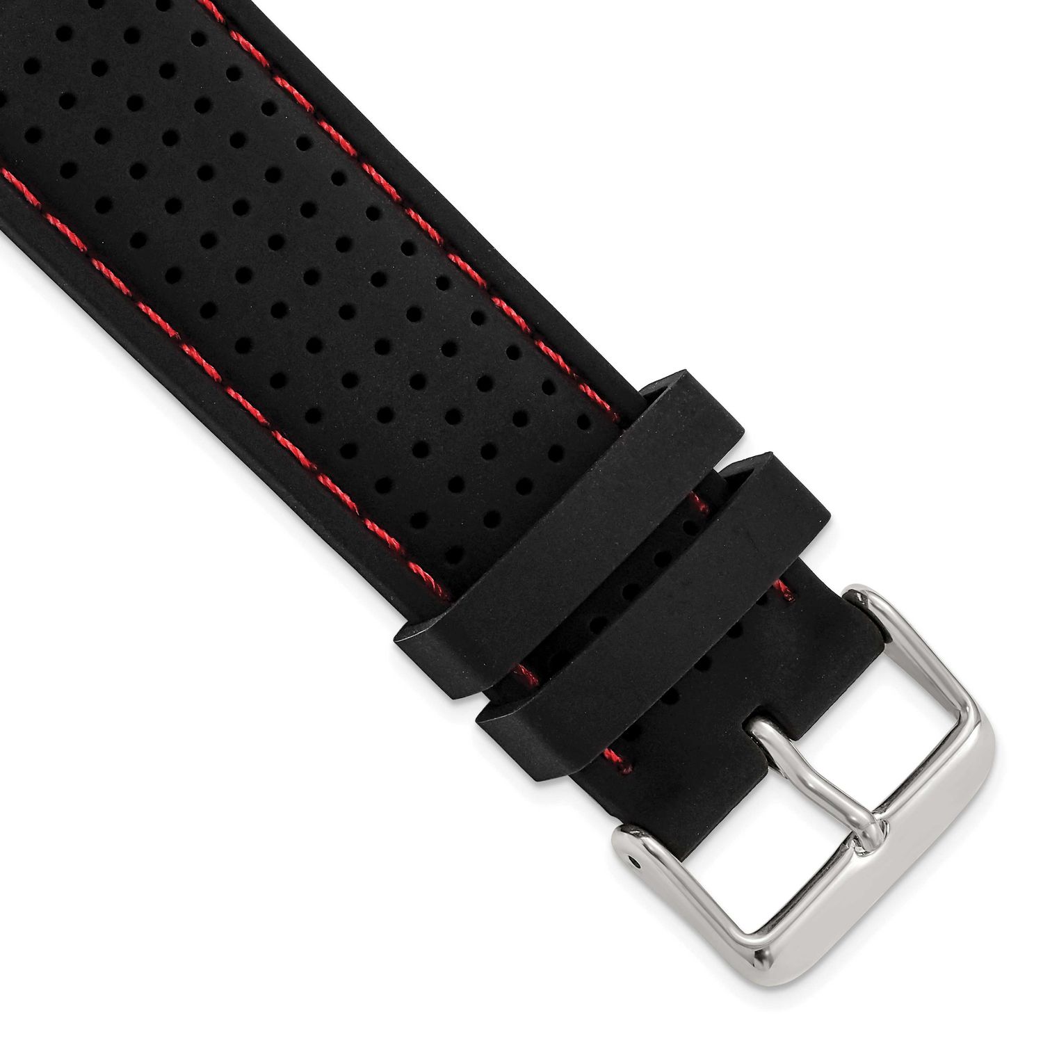 Debeer 24mm Black Ventilated Silicone with Red Stitching and Silver-Tone Buckle 8 Inch Watch Band B…