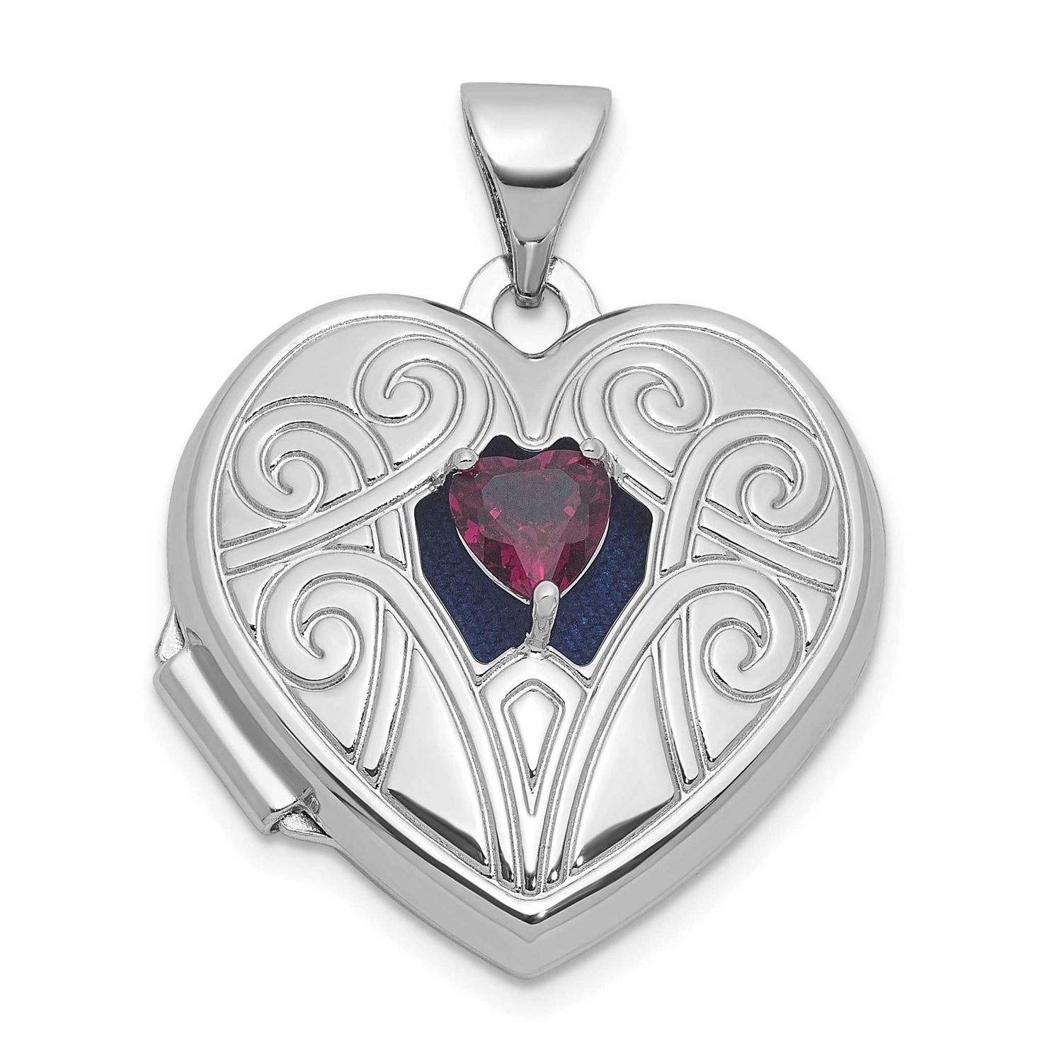 Rhodolite Garnet June Birthstone 18mm Heart Locket Sterling Silver Rhodium-plated QLS1200/JUN