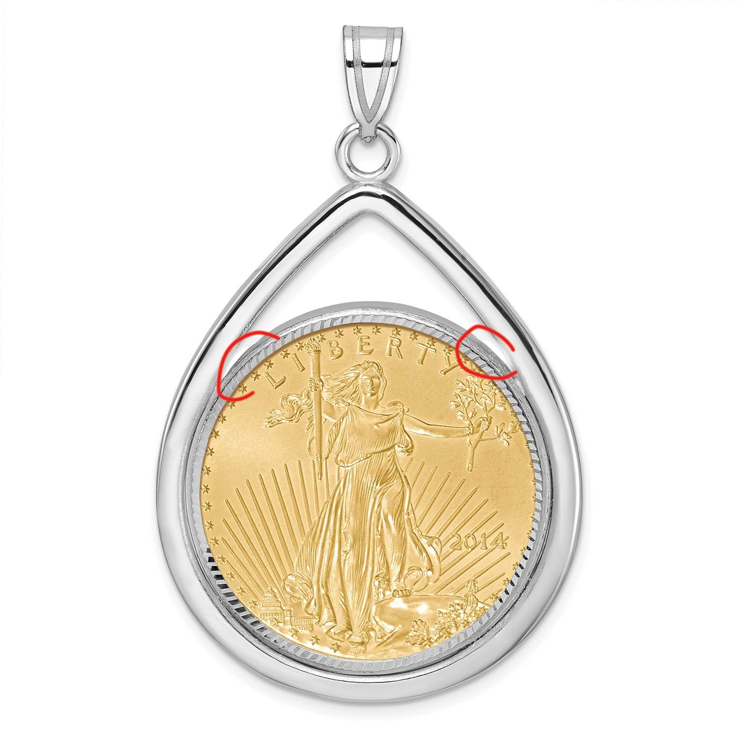 Polished &amp; Diamond-Cut Tear Drop Prong Mounted 1/2Oz American Eagle Coin Bezel Pendant 14k White Go…