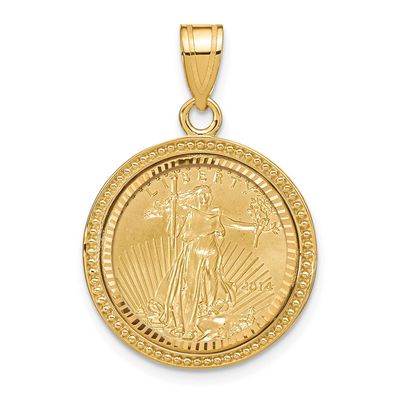 Beaded &amp; Diamond-Cut Prong Mounted 1/10Oz American Eagle Coin Bezel Pendant 14k Gold C8197/16.5C