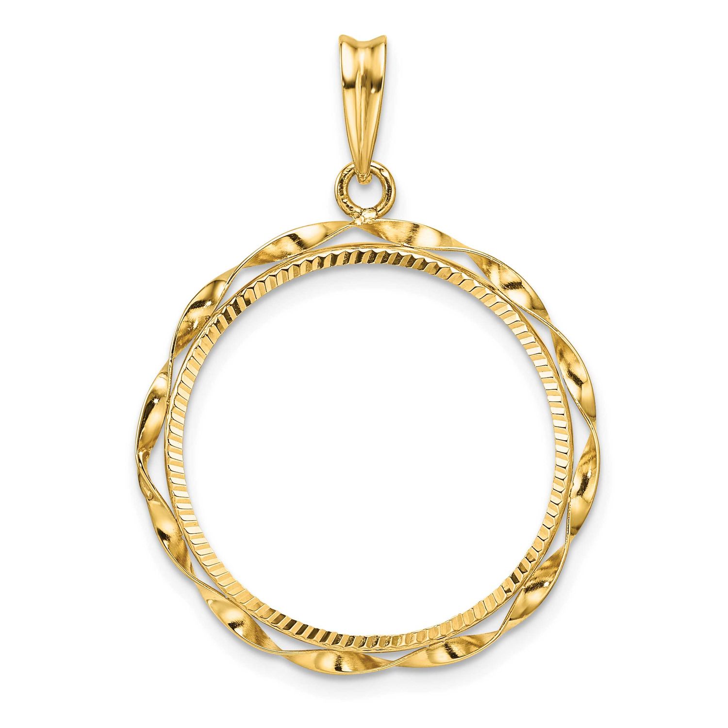Hand Twisted Ribbon and Diamond-Cut 22.0mm Prong Coin Bezel Pendant 14k Gold Polished C3996D/22.0