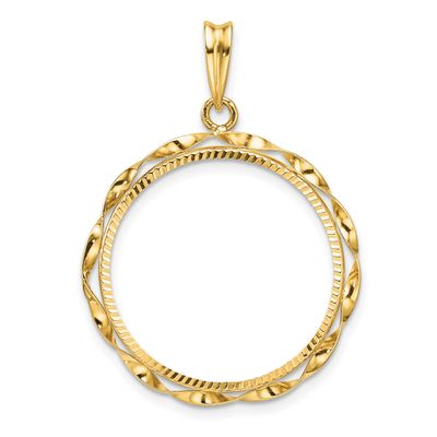 Hand Twisted Ribbon and Diamond-Cut 22.0mm Prong Coin Bezel Pendant 14k Gold Polished C3996D/22.0