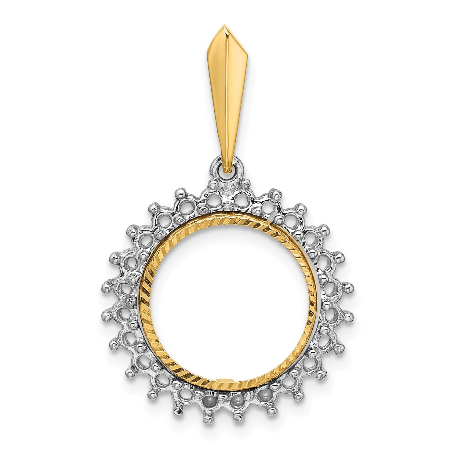 Diamond-Cut Diamond Circle 13.0mm Prong Coin Bezel Pendant Mounting 14k Two-tone Gold Polished CS39…