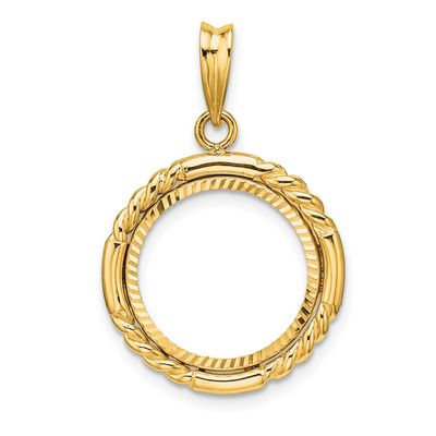 Quadruple Twist and Diamond-Cut 15.0mm Prong Coin Bezel Pendant 14k Gold Polished C1013D/15.0