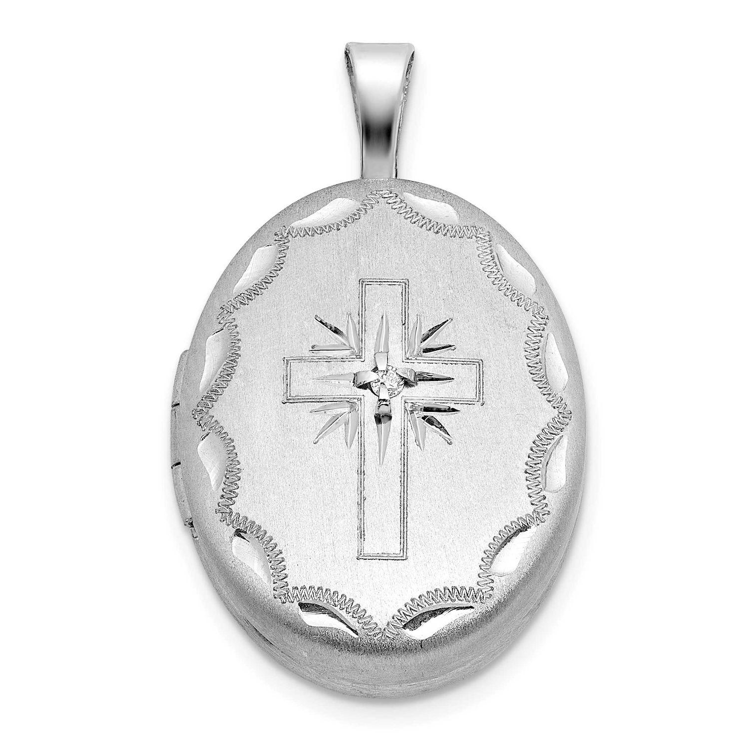 Brushed Diamond and Cross 19mm Oval Locket Sterling Silver Rhodium-plated QLS1236