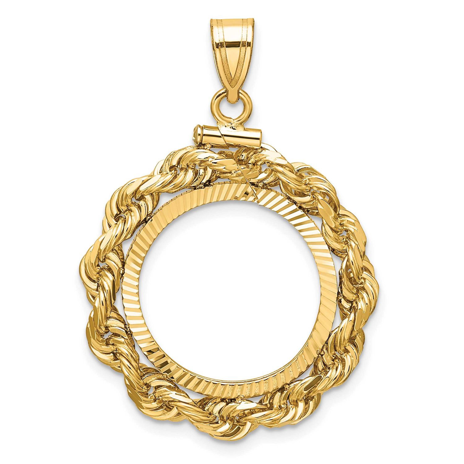 Rope and Diamond-Cut 18.0mm x 1.35mm Screw Top Coin Bezel Pendant 14k Gold Polished C3275D/18.0