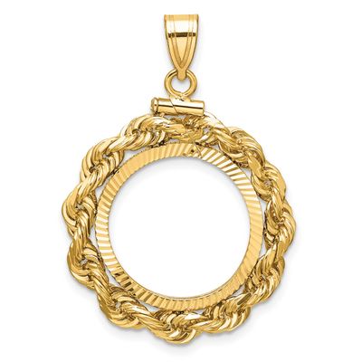 Rope and Diamond-Cut 18.0mm x 1.35mm Screw Top Coin Bezel Pendant 14k Gold Polished C3275D/18.0