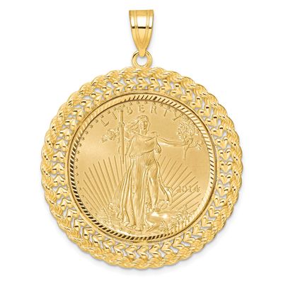 Diamond-Cut Heart &amp; Rope Prong Mounted 1/2Oz American Eagle Coin Bezel Pendant 14k Gold C8189/27.0C
