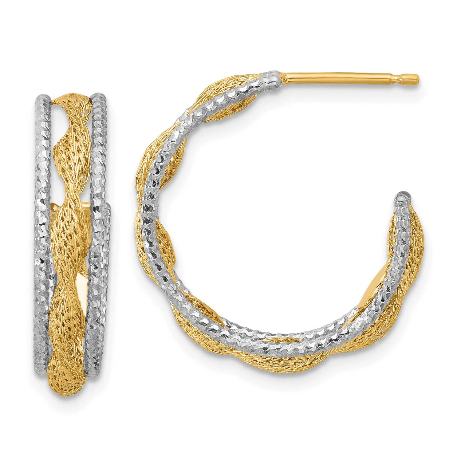 Polished/Textured/Diamond-Cut Twist J-Hoop Earrings 14k Gold with Rhodium LE2727 196904334089