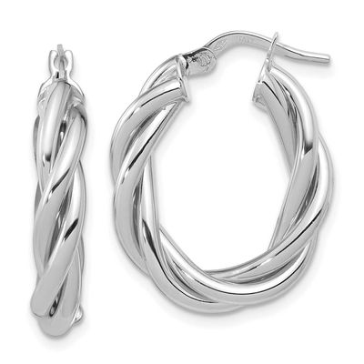 White Rh-Plat Polished Twisted Oval Hoop Earrings 14k Gold LE2178W