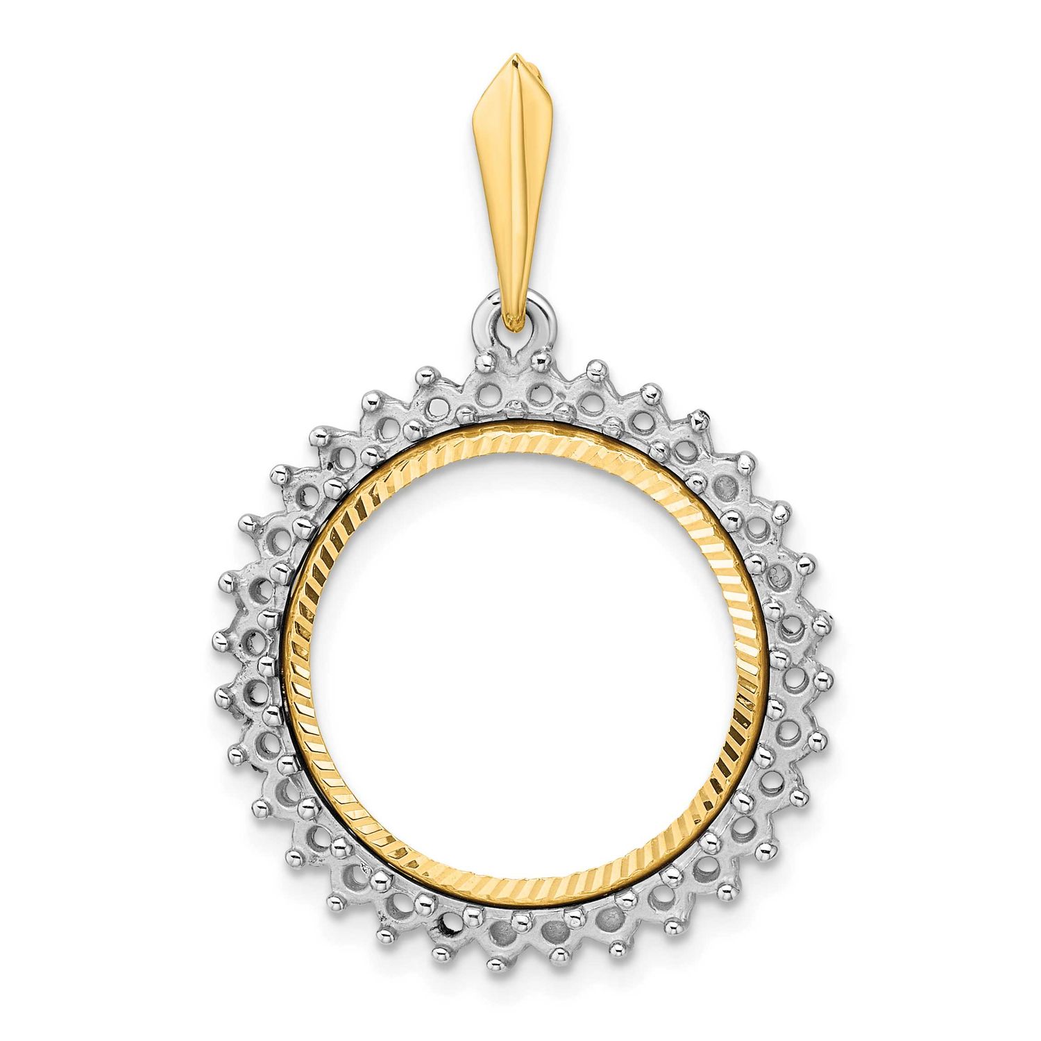 Diamond-Cut Diamond Circle 17.8mm Prong Coin Bezel Pendant Mounting 14k Two-tone Gold Polished CS39…