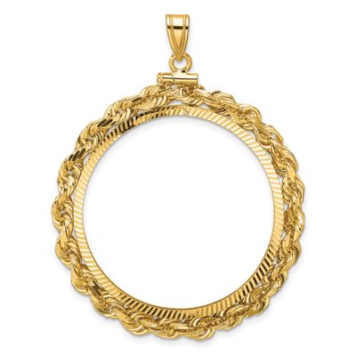 Rope and Diamond-Cut 32.7mm x 3.00mm Screw Top Coin Bezel Pendant 14k Gold Polished C3275D/32.7