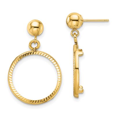Diamond-Cut Classic 15.0mm Prong Coin Bezel Post Dangle Earrings 14k Gold Polished ER1801D/15.0