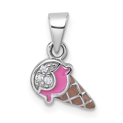 Children&#39;s Pink and Brown Enamel with CZ Ice Cream Cone Pendant Sterling Silver Rhodium-plated QP59…