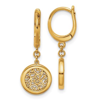 Fancy Filigree Circle Leverback Dangle Earrings 14k Gold Polished LE2920