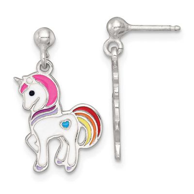 Enameled Unicorn Children&#39;s Post Dangle Earrings Sterling Silver Polished QE18316