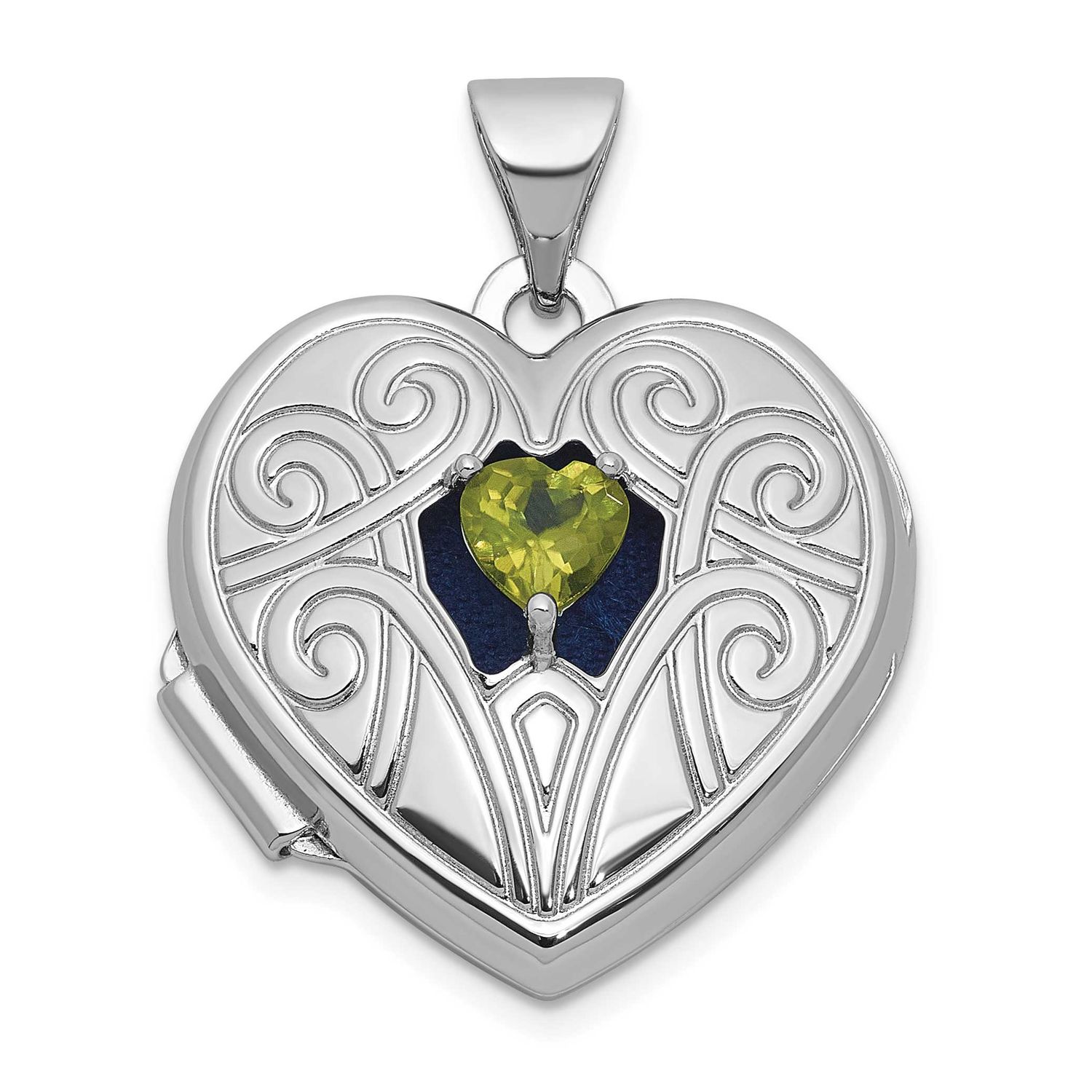 Peridot August Birthstone 18mm Heart Locket Sterling Silver Rhodium-plated QLS1200/AUG