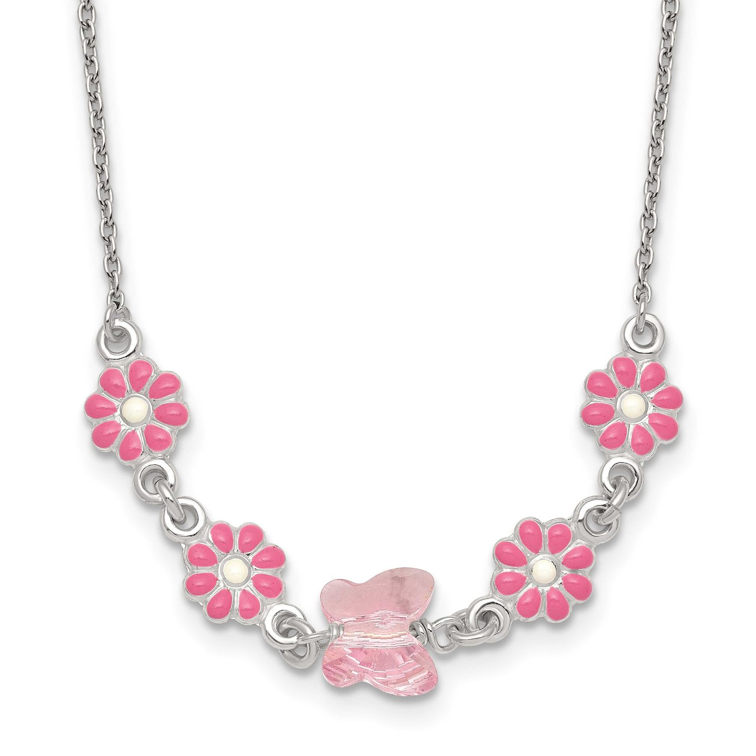 Glass Butterfly and Enameled Flowers Children&#39;s Necklace Sterling Silver QG7271-14