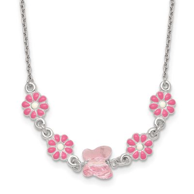 Glass Butterfly and Enameled Flowers Children&#39;s Necklace Sterling Silver QG7271-14