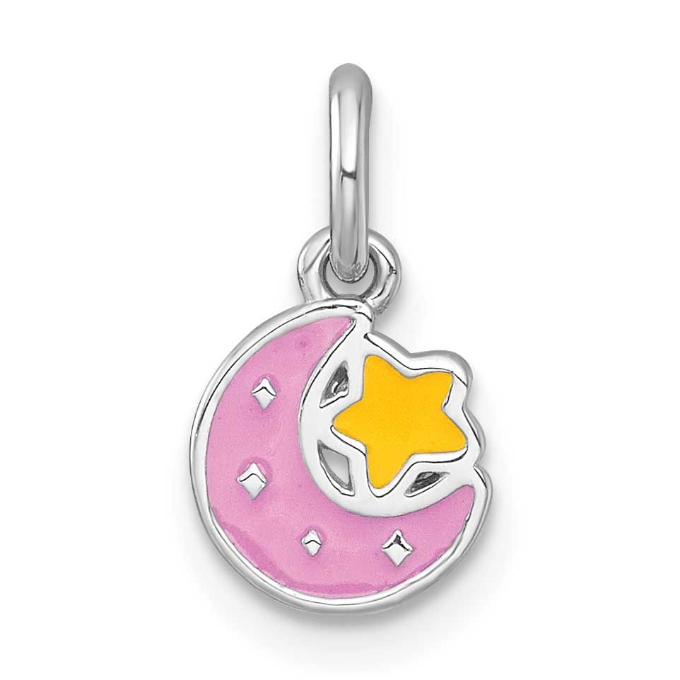 Enamel Moon and Star Children&#39;s Pendant Sterling Silver Rhodium-plated Polished QP5971