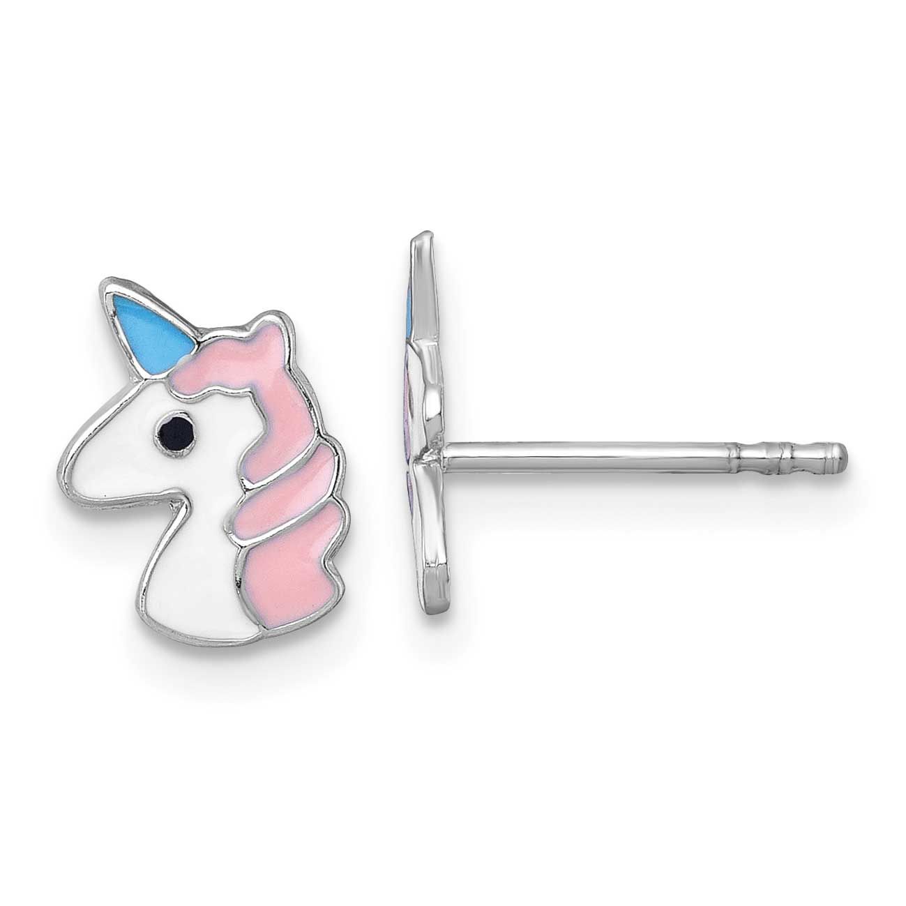 Madi K Enamel Unicorn Children&#39;s Post Earrings Sterling Silver Rhodium-plated QE18293