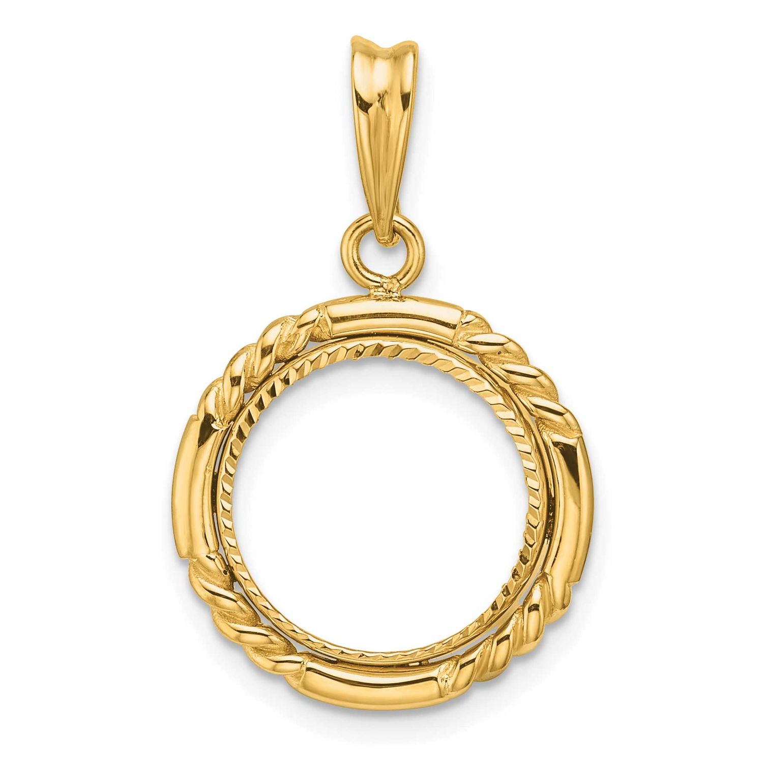 Quadruple Twist and Diamond-Cut 13.0mm Prong Coin Bezel Pendant 14k Gold Polished C1013D/13.0