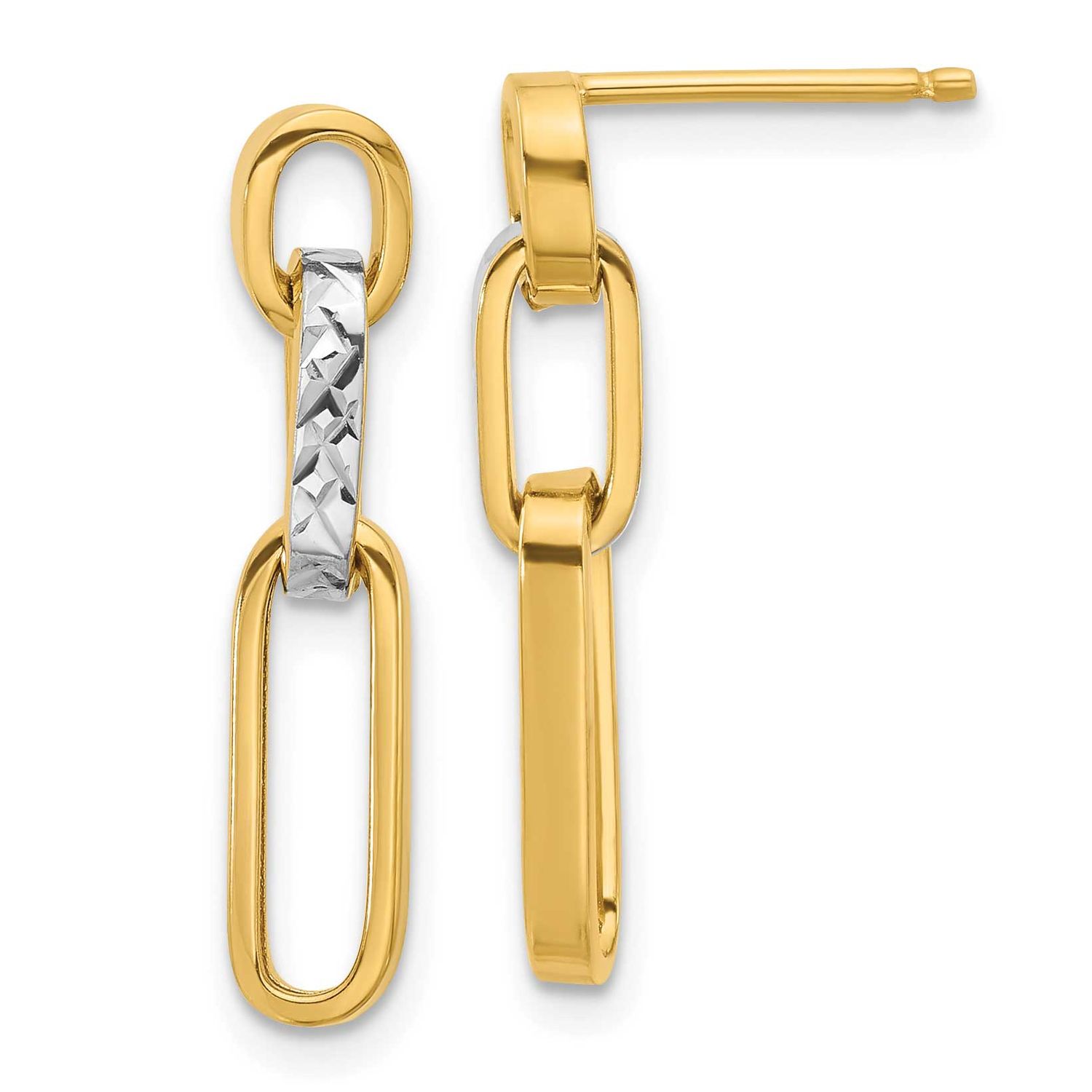 Polished and Diamond-Cut Link Dangle Post Earrings 14k Gold with Rhodium LE2626 196904343852